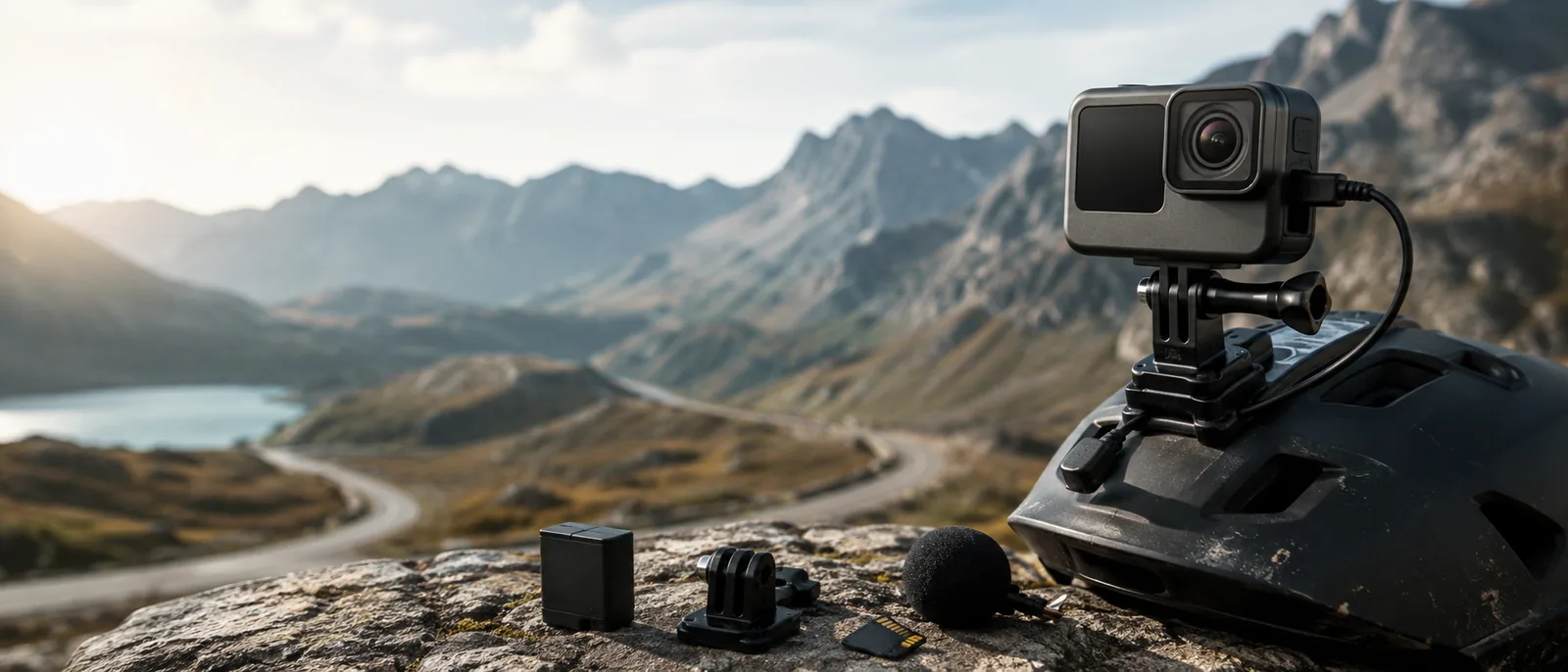 Actionkamera auf robustem Mount vor alpiner Straße