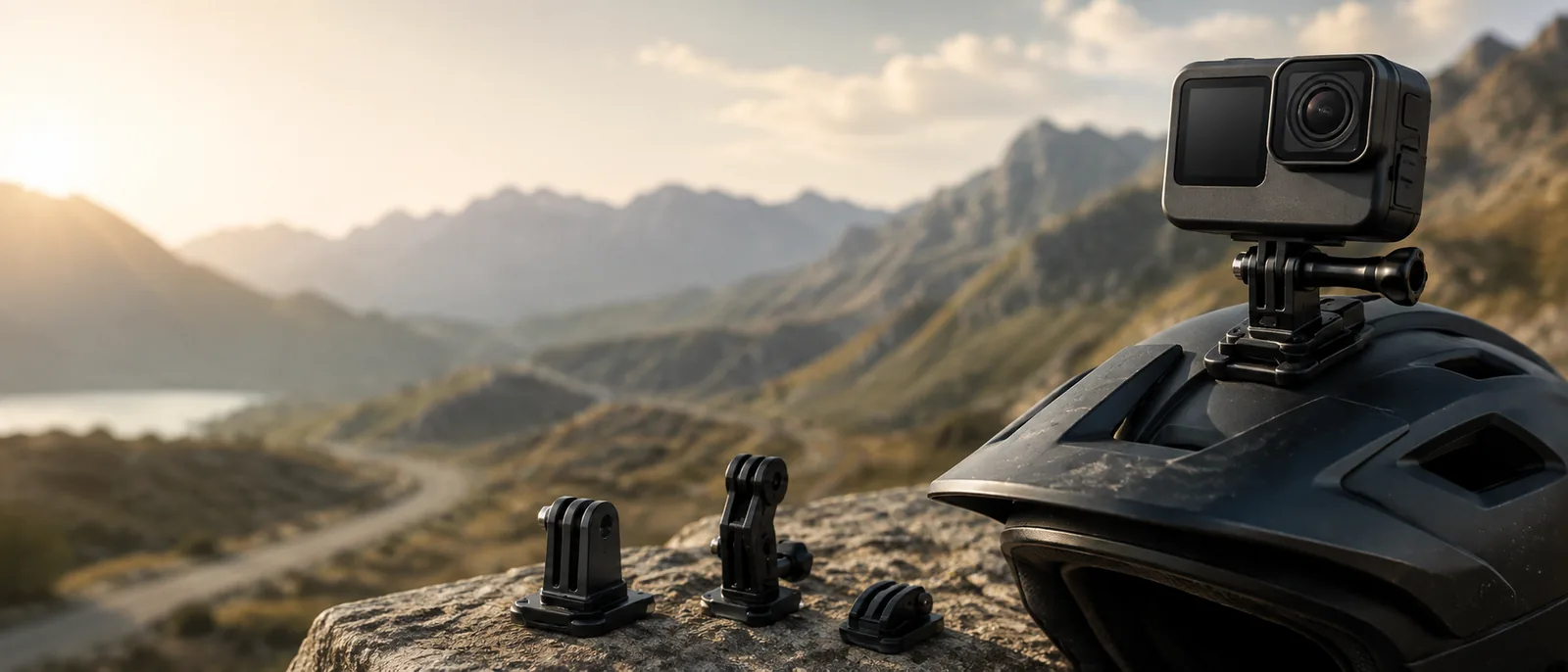 Helm mit Actionkamera und Halterungszubehör vor Bergpanorama