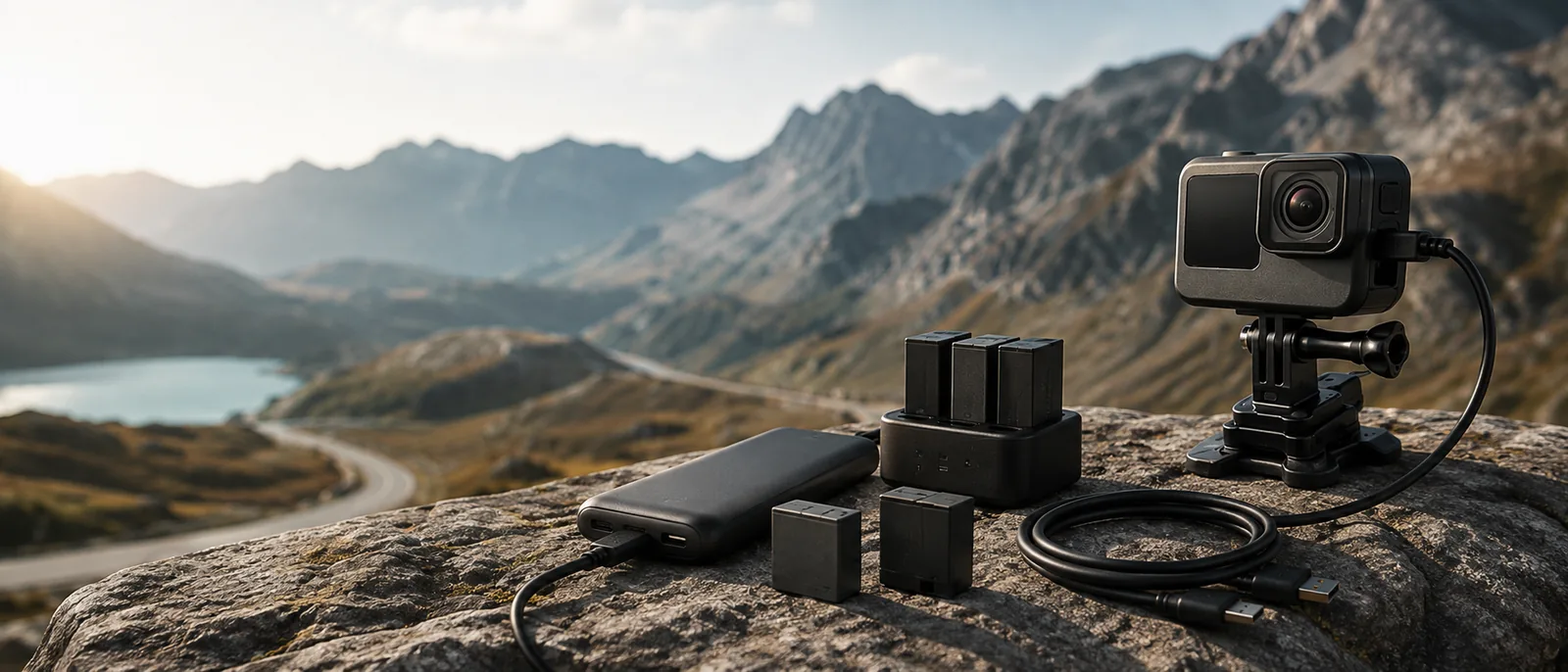 Actionkamera mit Akkus, Ladegerät und Powerbank vor Bergpanorama