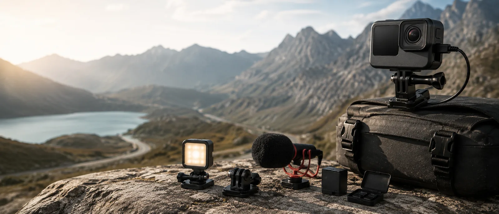 Actioncam-Zubehör und Creator-Equipment auf Felsen vor Bergsee-Panorama